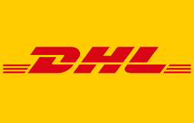 DHL logo with bold red text and stripes on a yellow background.